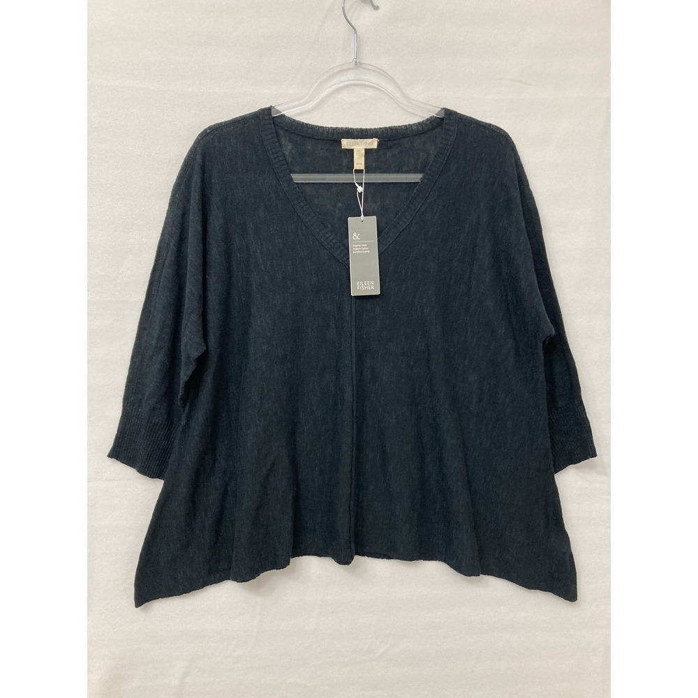 New Eileen Fisher Top Medium Black Boxy Organic Linen Cotton Stretch Relaxed